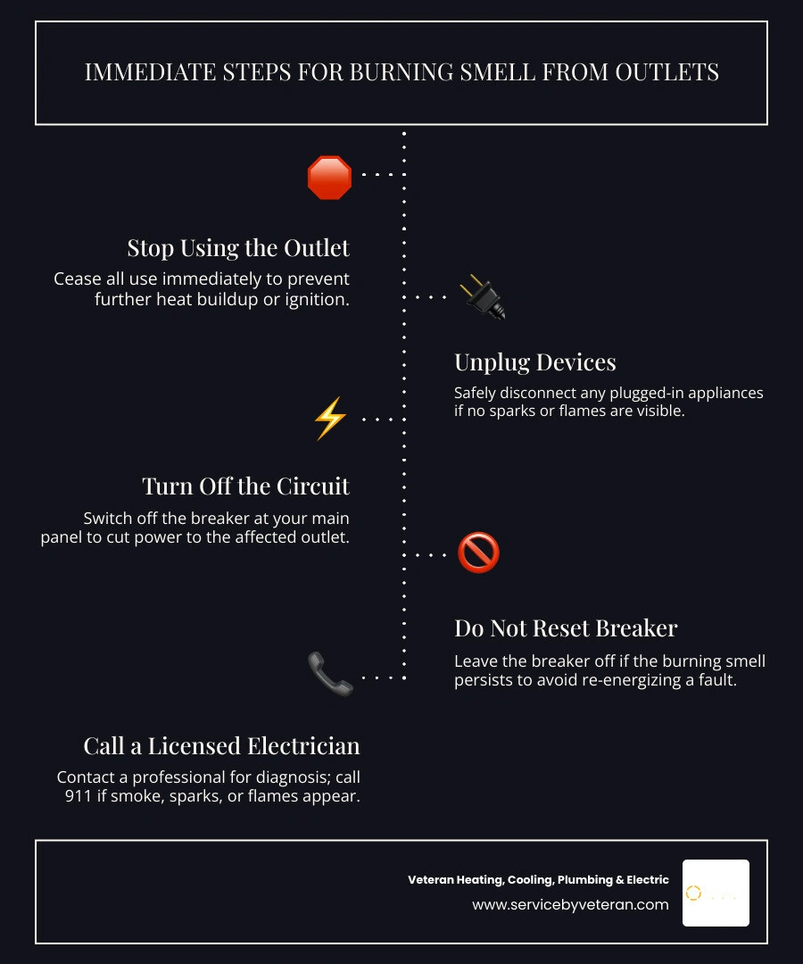 Infographic showing immediate steps for electrical burning smell: stop using outlet, unplug devices, shut off breaker, call