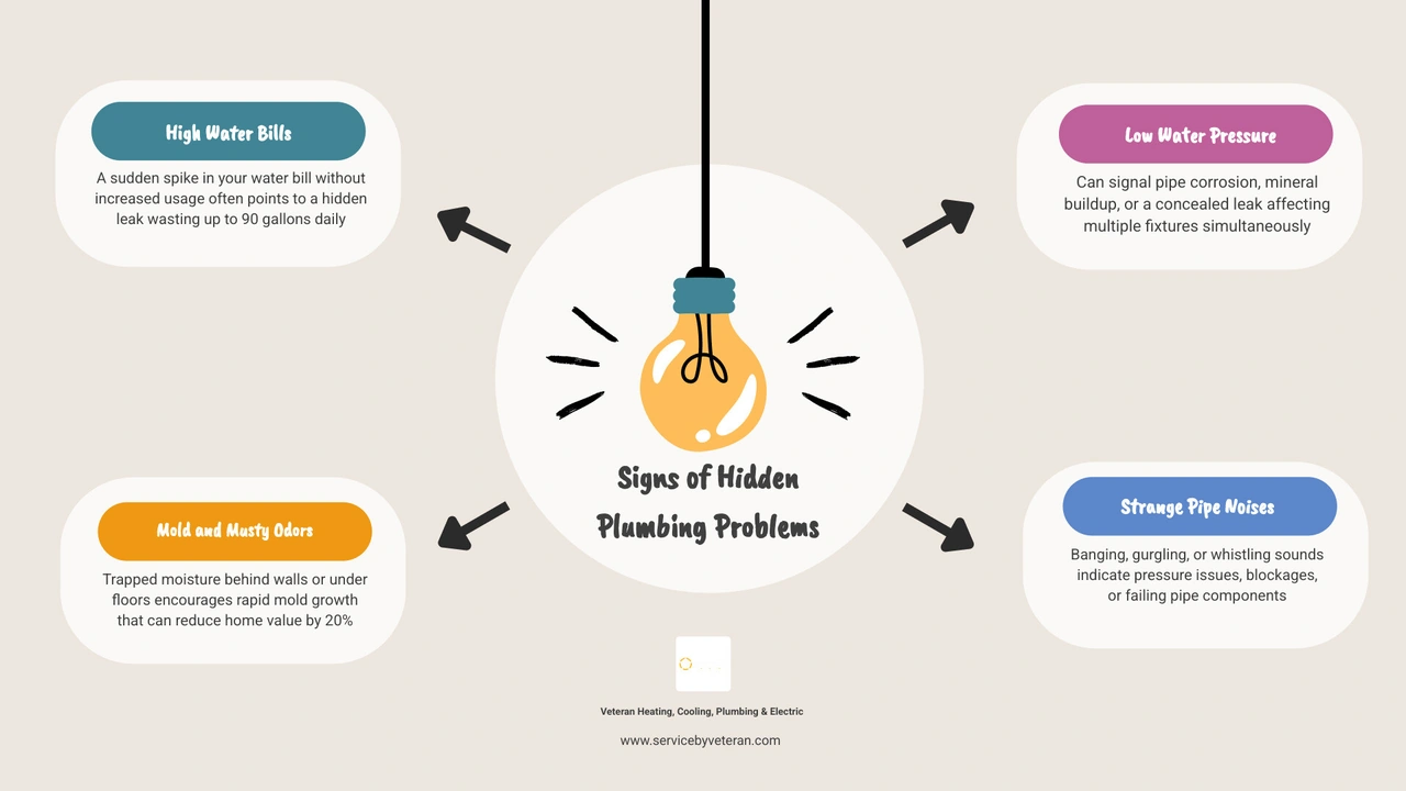 Infographic showing 10 common signs of hidden plumbing problems in a home with icons for each warning sign infographic