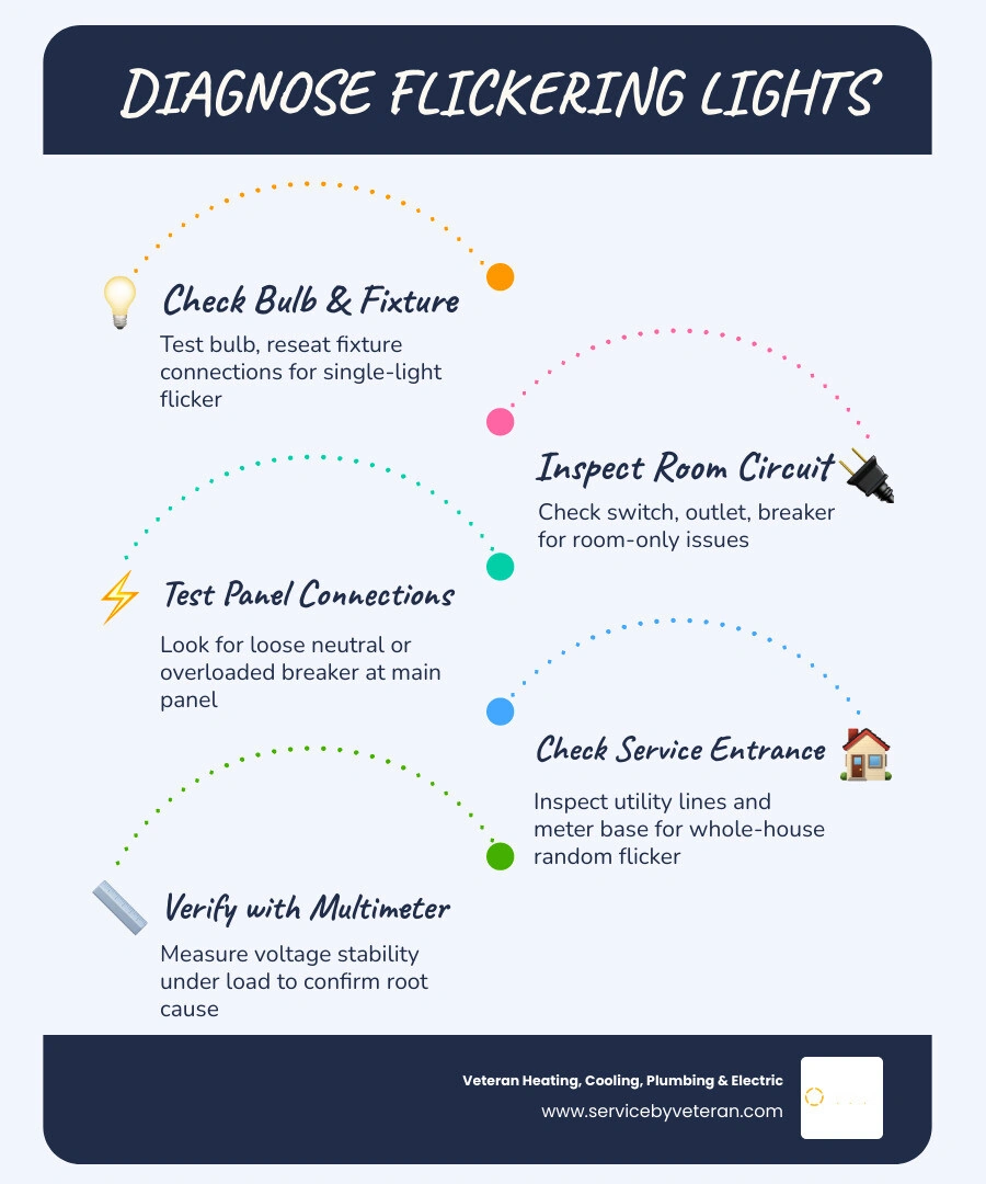 Infographic showing flickering light diagnostic path from single bulb to whole-house wiring issue infographic