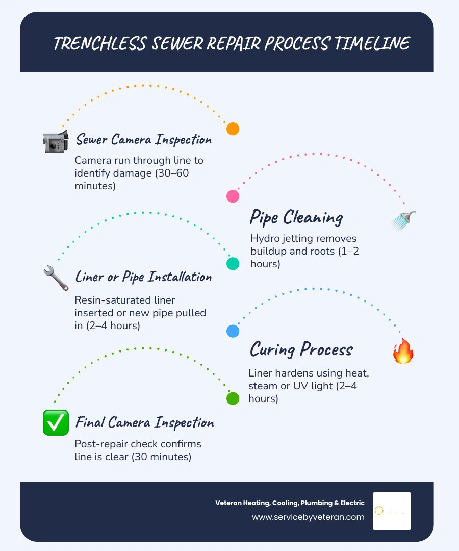 Infographic showing trenchless sewer repair steps, timeline, and benefits vs traditional excavation infographic Infographic showing trenchless sewer repair steps, timeline, and benefits vs traditional excavation infographic
