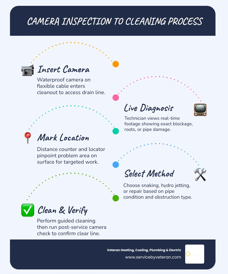 Infographic showing how camera inspections guide professional drain cleaning from diagnosis to method selection infographic Infographic showing how camera inspections guide professional drain cleaning from diagnosis to method selection infographic