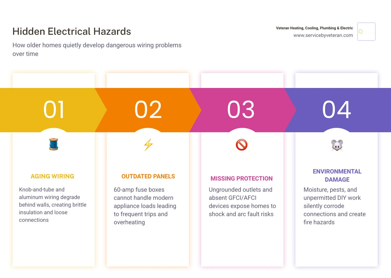 infographic showing how older homes develop hidden electrical problems step by step infographic