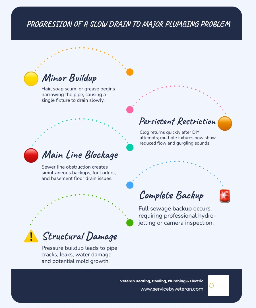 Infographic showing progression of slow drain from minor buildup to full sewer backup with warning signs at each stage Infographic showing progression of slow drain from minor buildup to full sewer backup with warning signs at each stage