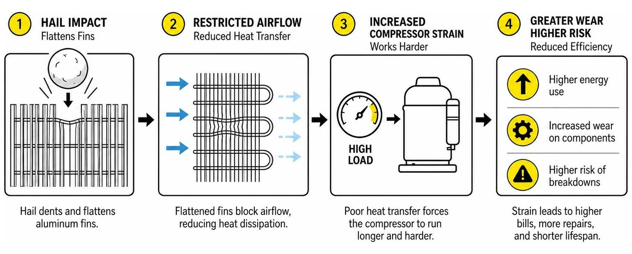 diagram illustrating how flattened fins restrict airflow and increase compressor strain diagram illustrating how flattened fins restrict airflow and increase compressor strain