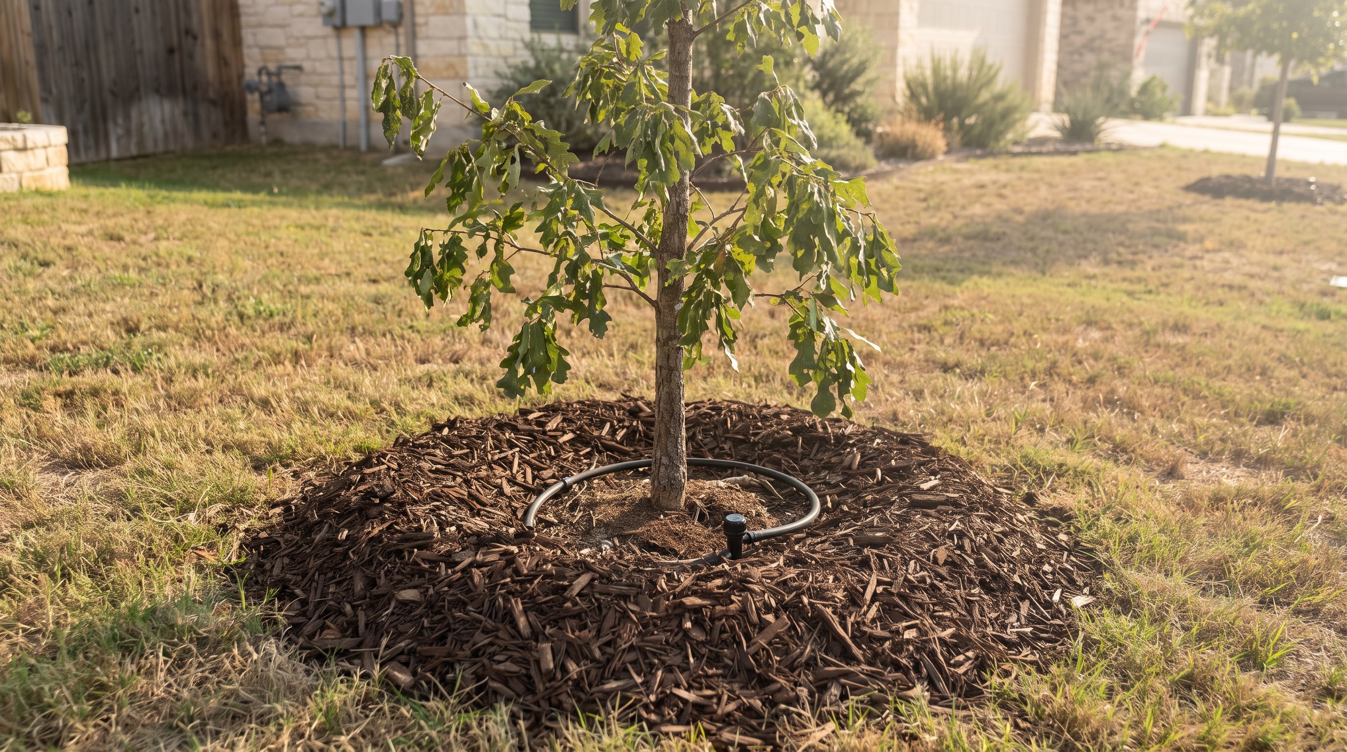 Newly planted tree in Austin Texas yard in summer