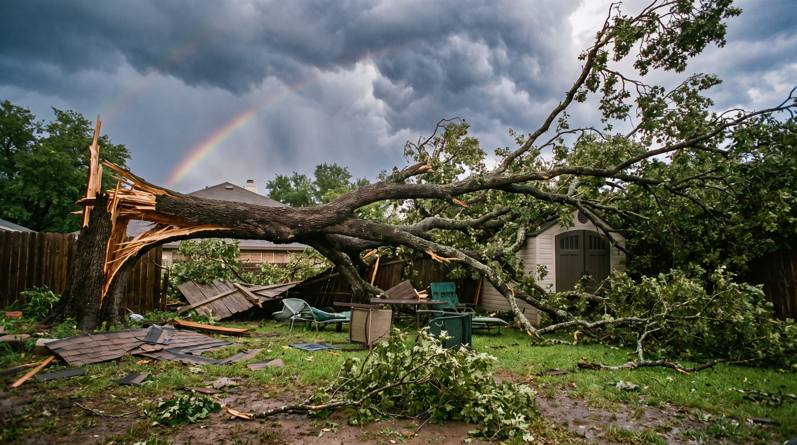 Large tree branch fallen in Austin Texas residential yard