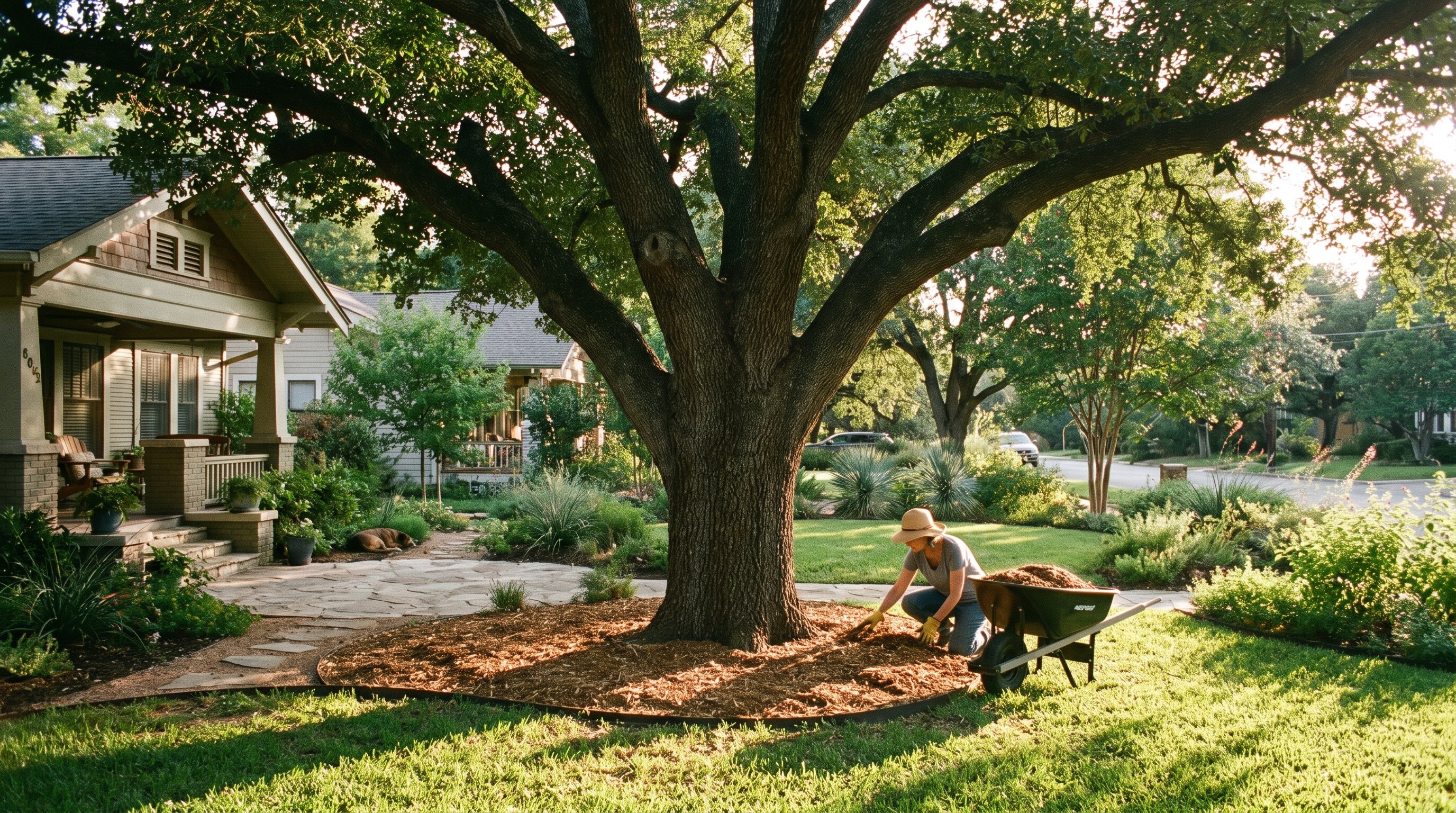 Austin Texas residential yard with large live oak trees in late summer