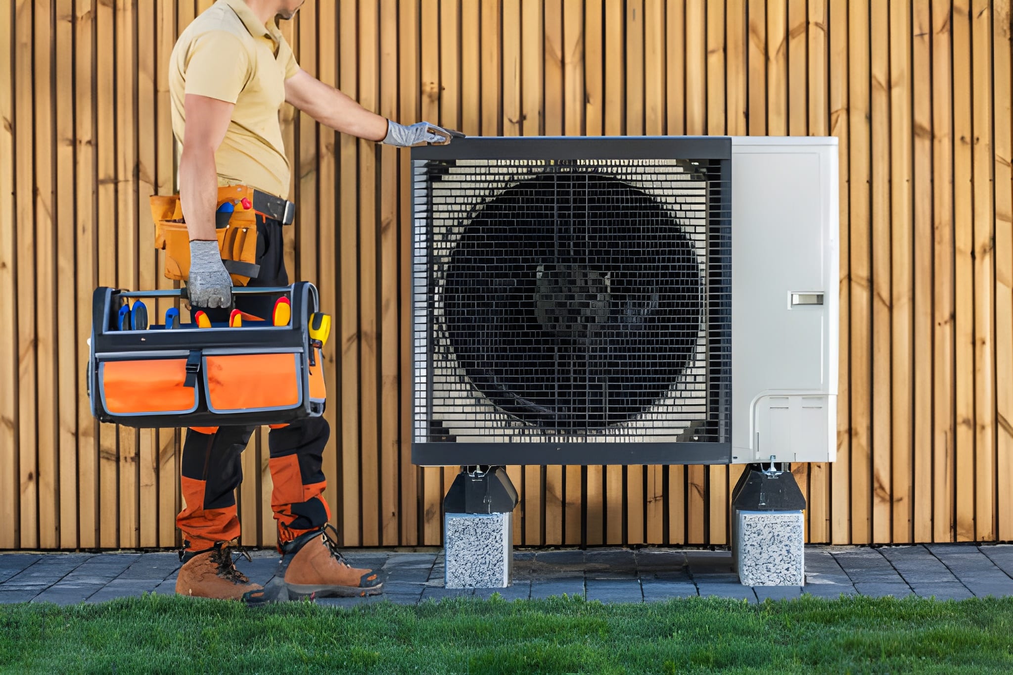 A technician inspects an outdoor HVAC unit while holding a tool bag.