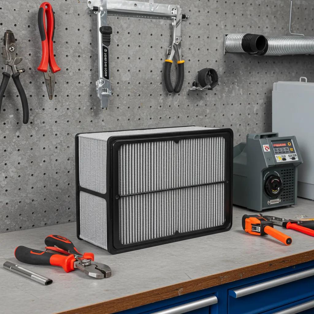 A high-efficiency HEPA filter resting on a workbench, symbolizing effective HVAC solutions for tackling pet dander