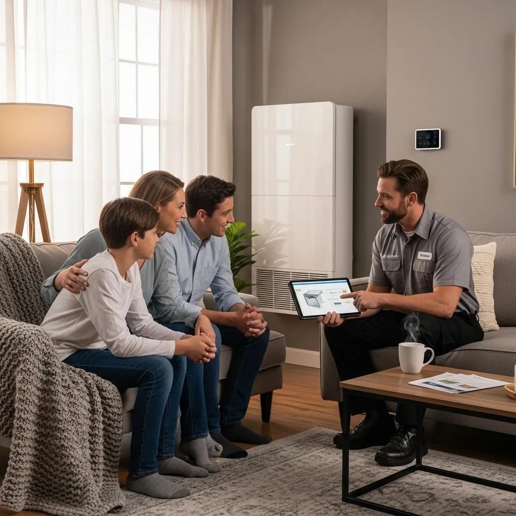 Family discussing HVAC financing options with a technician in a cozy living room