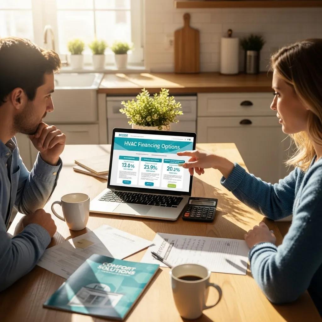 Couple reviewing HVAC financing options at a kitchen table