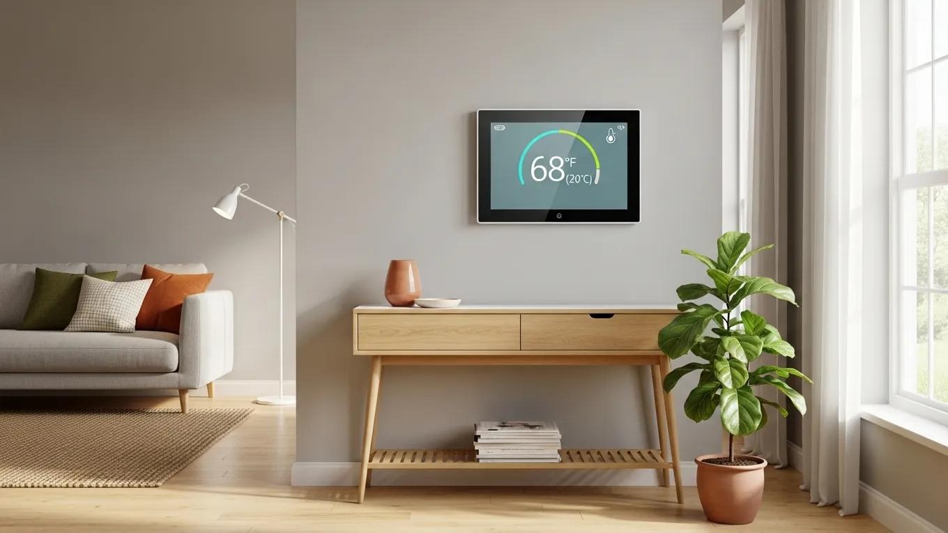 Modern programmable thermostat in a bright living room, showcasing energy efficiency