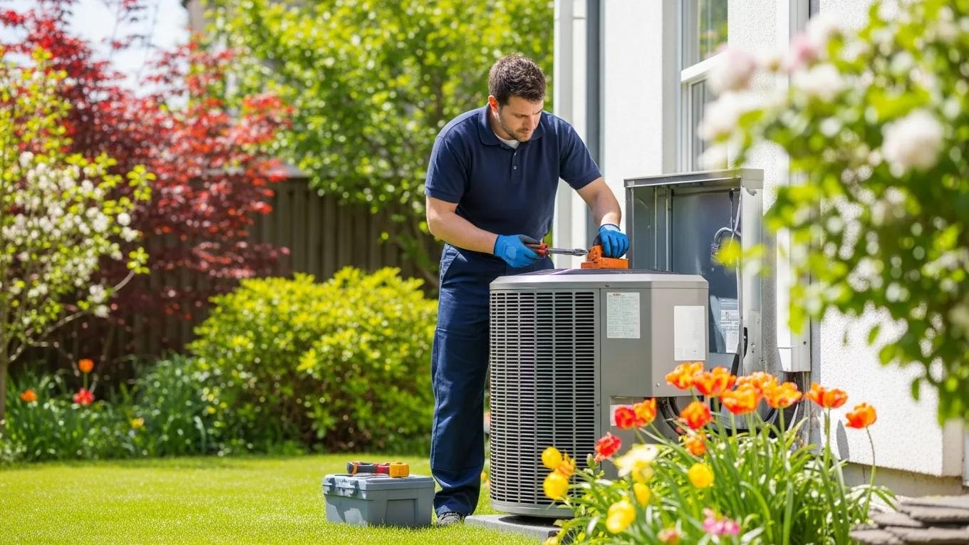 Technician performing spring maintenance on an air conditioning unit in a sunny backyard