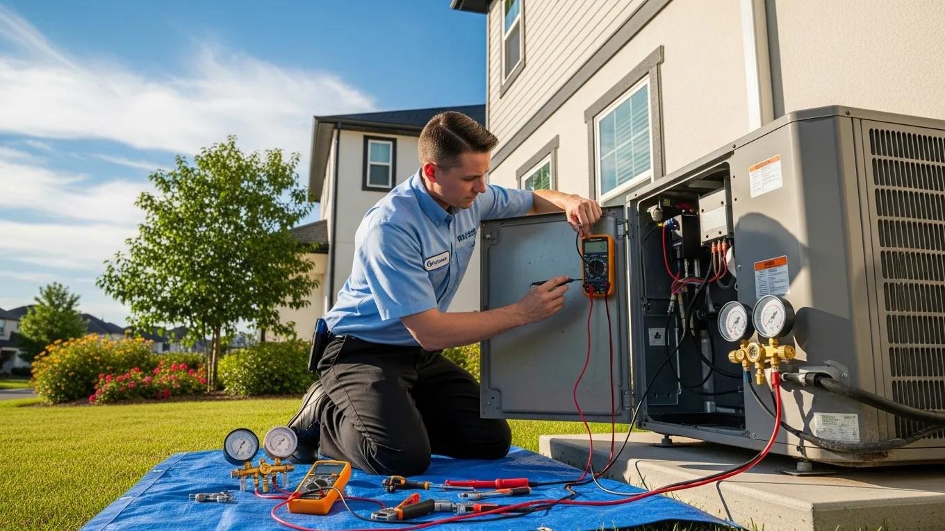 Technician performing annual AC maintenance on a residential air conditioning unit