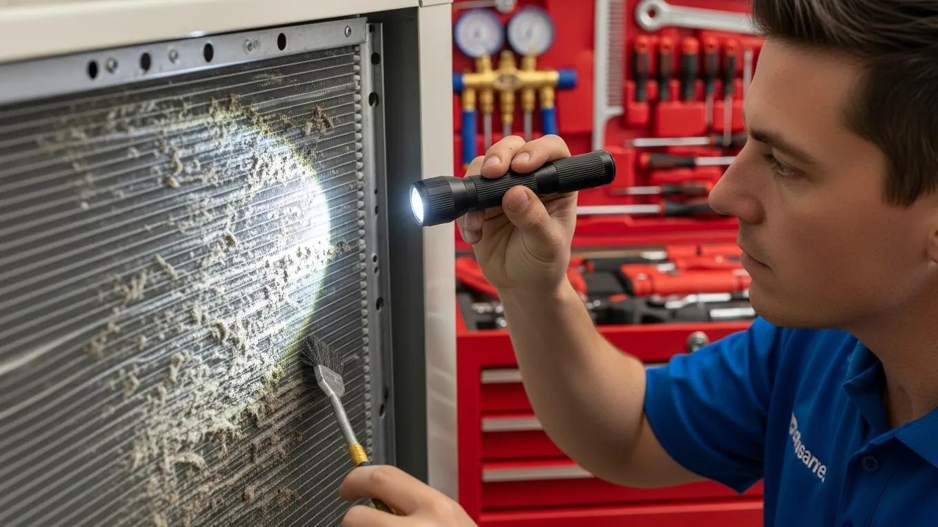 Technician inspecting coils during a professional air conditioner tune-up