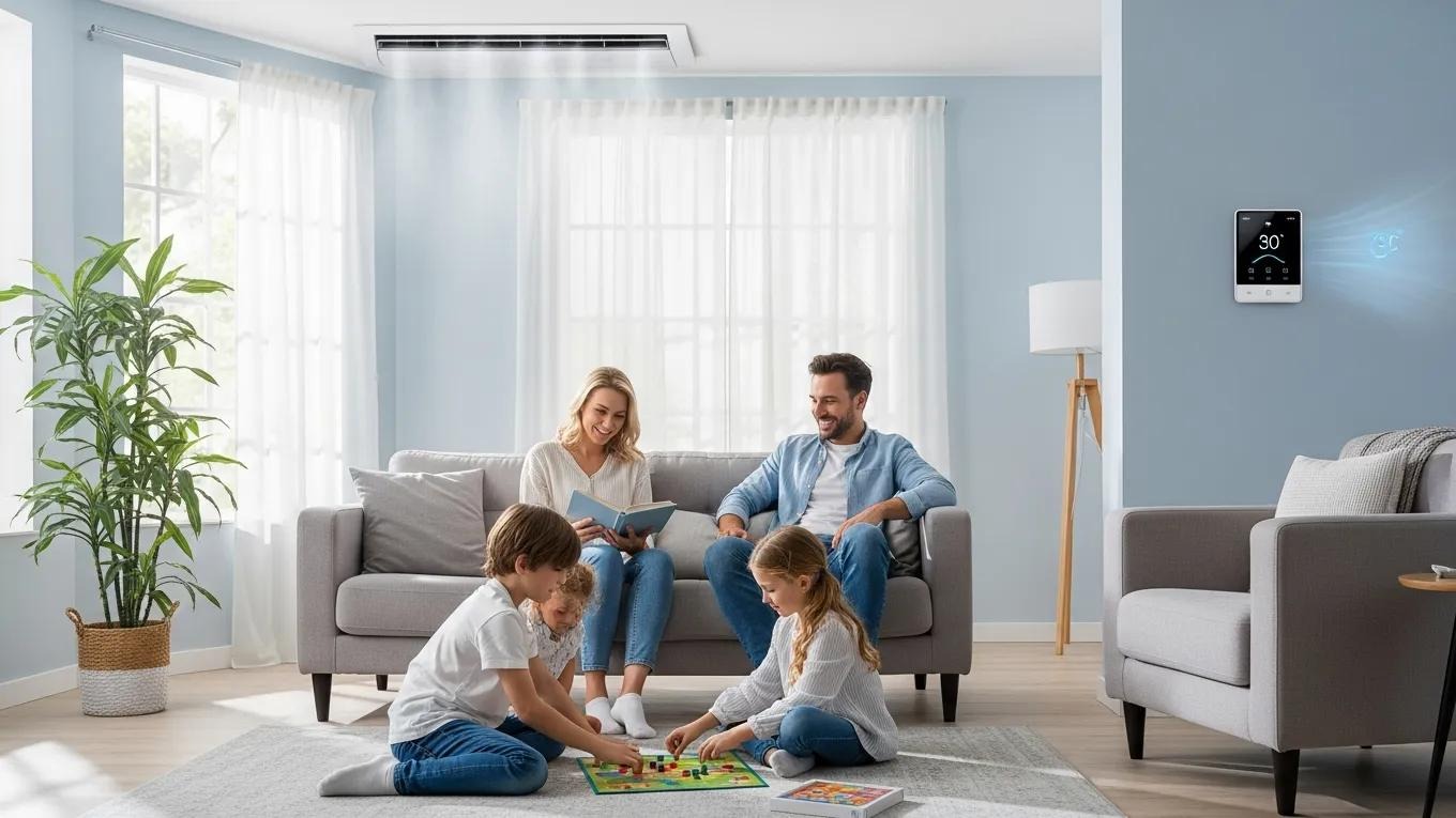 Family enjoying a comfortable living room with a well-maintained air conditioning system