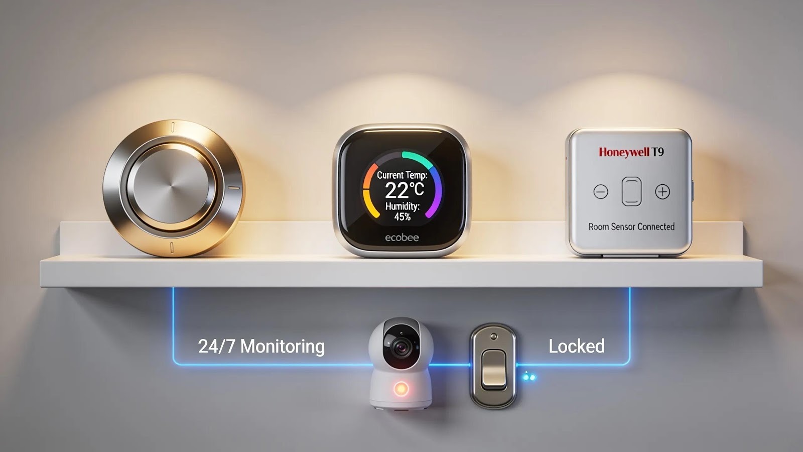 Various smart thermostats designed for home security integration, highlighting design and compatibility features