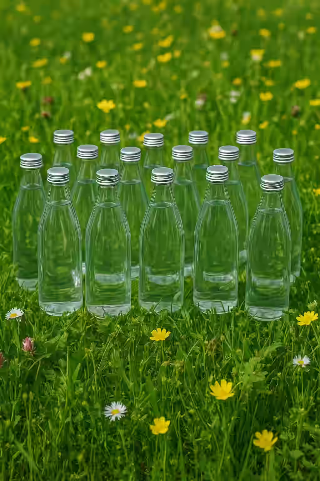 Water.Day_16 bottles of water on a green field