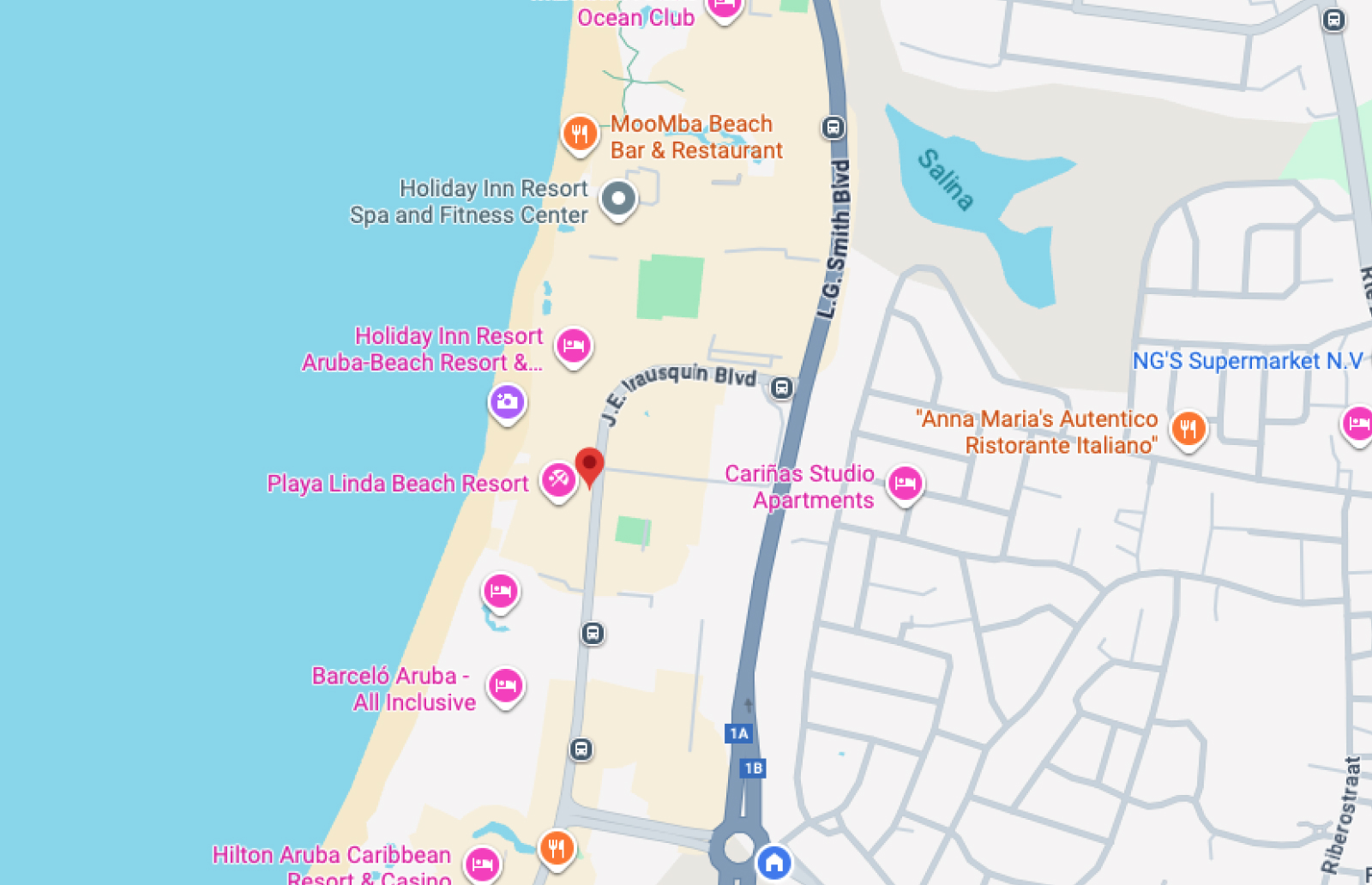Map showing the location of Dushi Bagels & Burgers at Playa Linda Resort, Palm Beach Aruba