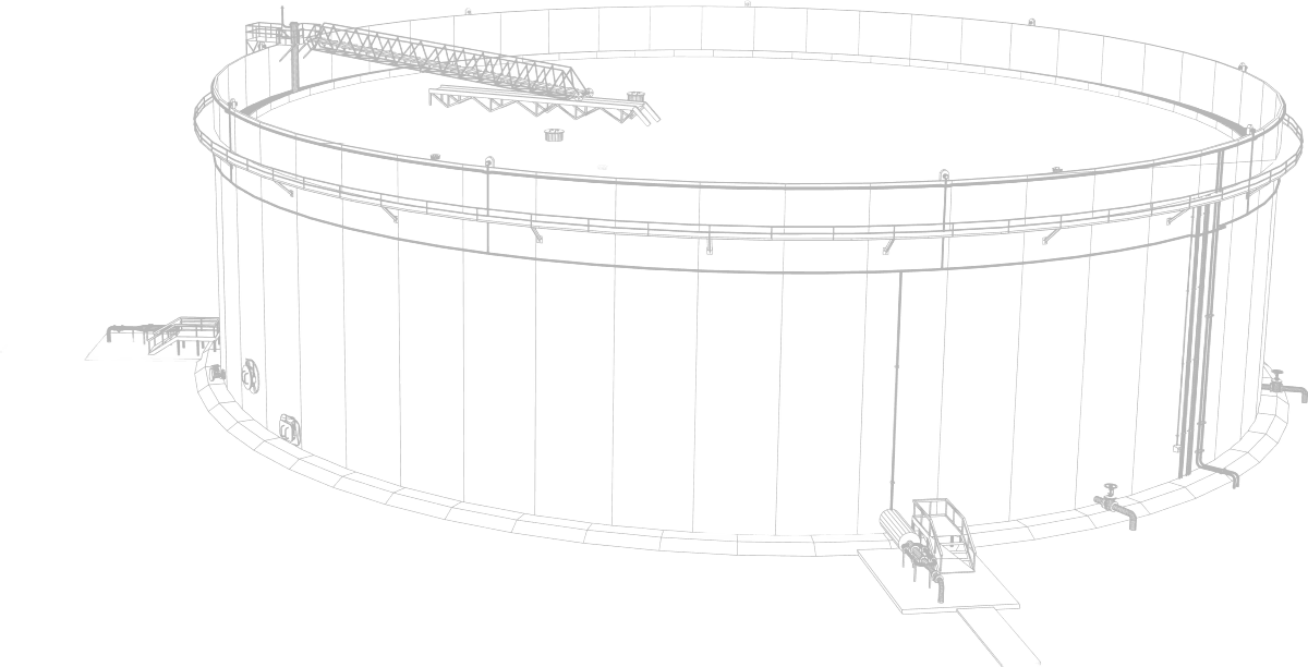 A wireframe image of a storage tank