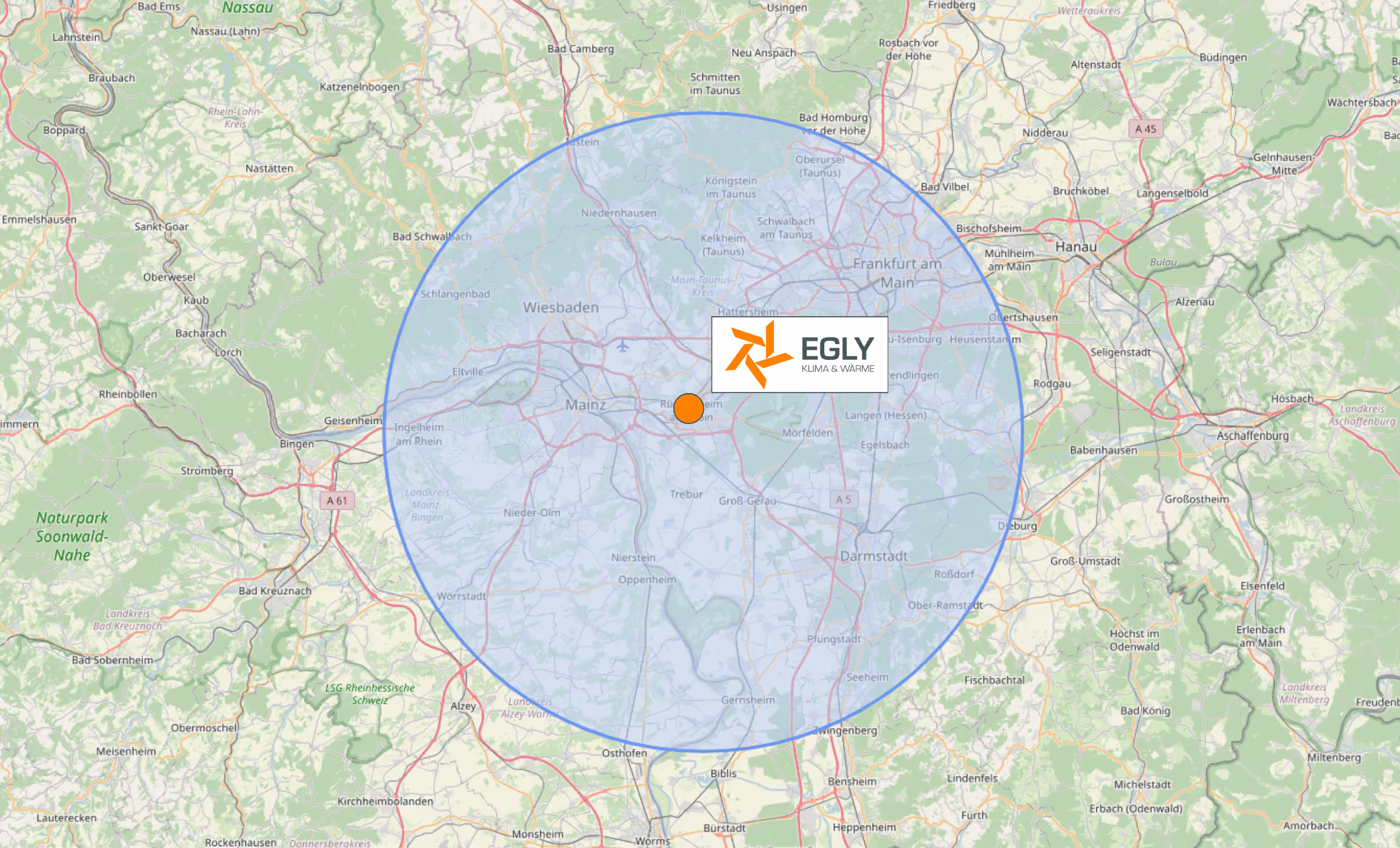 Karte mit 30 km Radius des Abdeckungsgebietes von Egly rund um Rüsselsheim