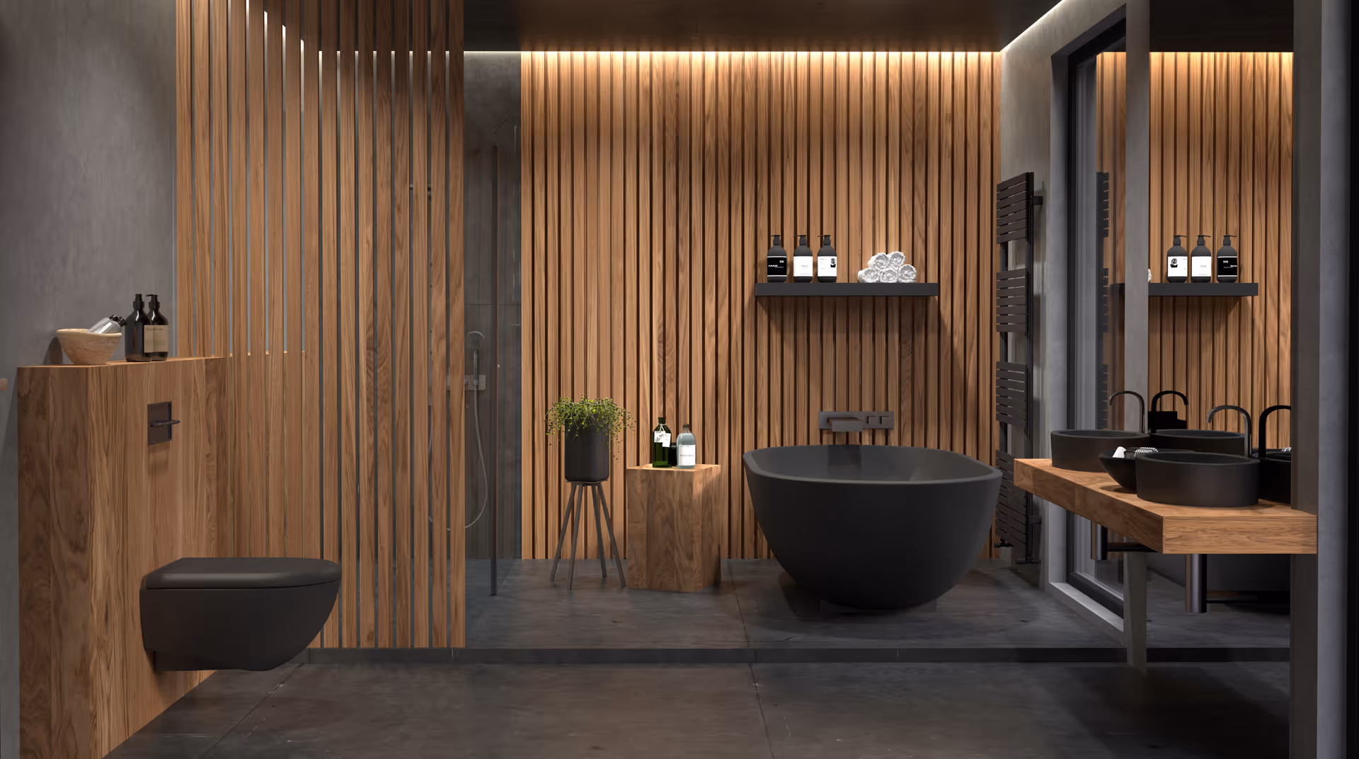 Beispielbadezimmer mit schwarzen Amaturen und Hozvertäfelung