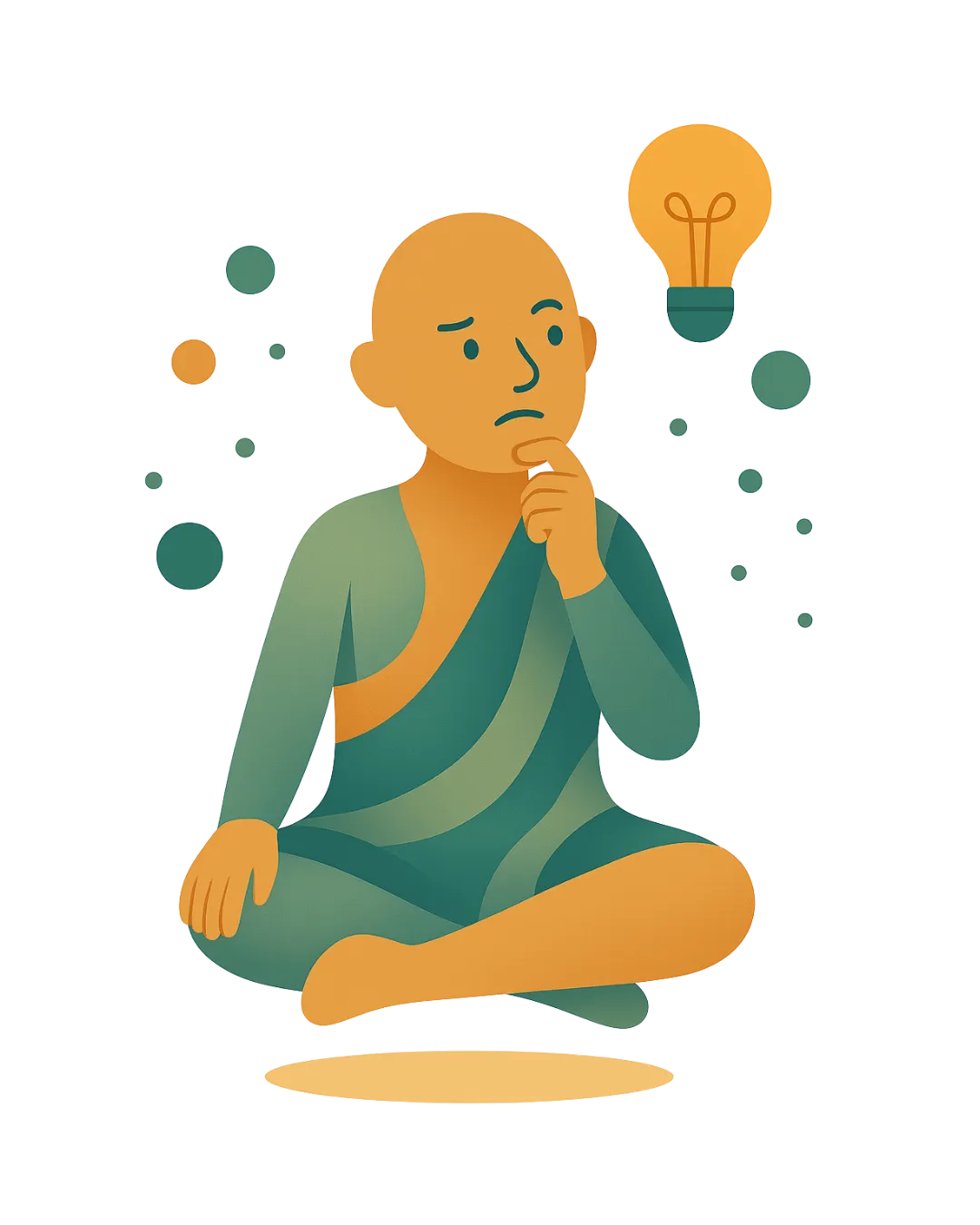 Illustration einer im Schneidersitz schwebenden und nachdenkenden Person mit einer Glühbirne über dem Kopf.