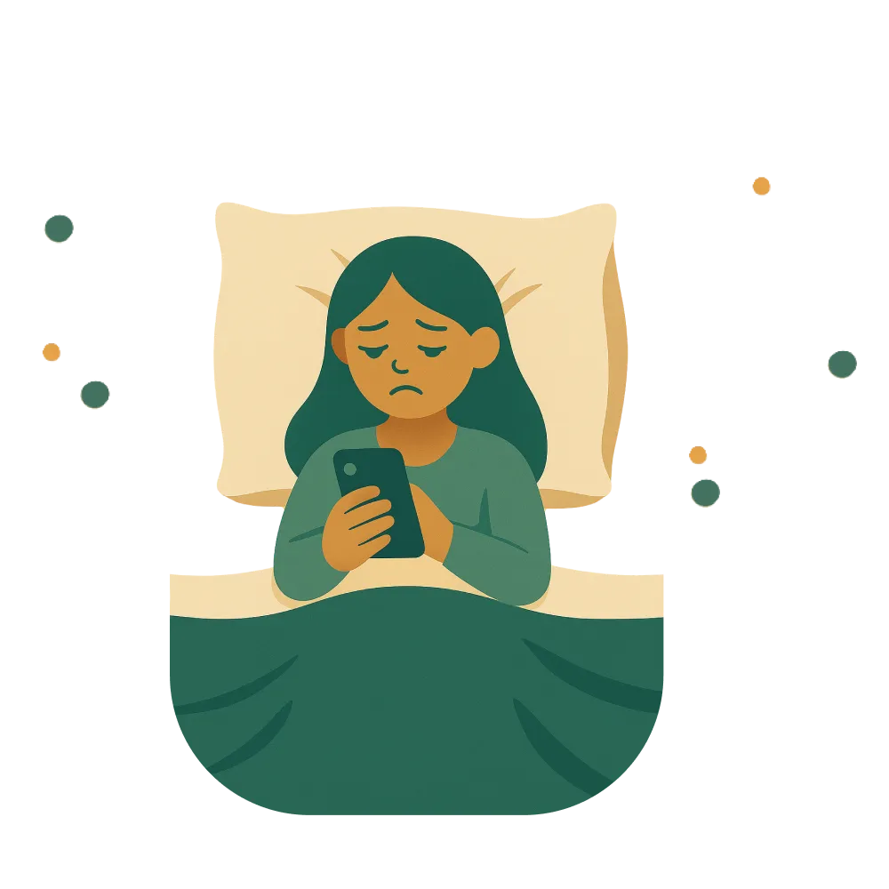 Illustration einer Person, die trotz Müdigkeit am Handy scrollt und nicht einschlafen kann.