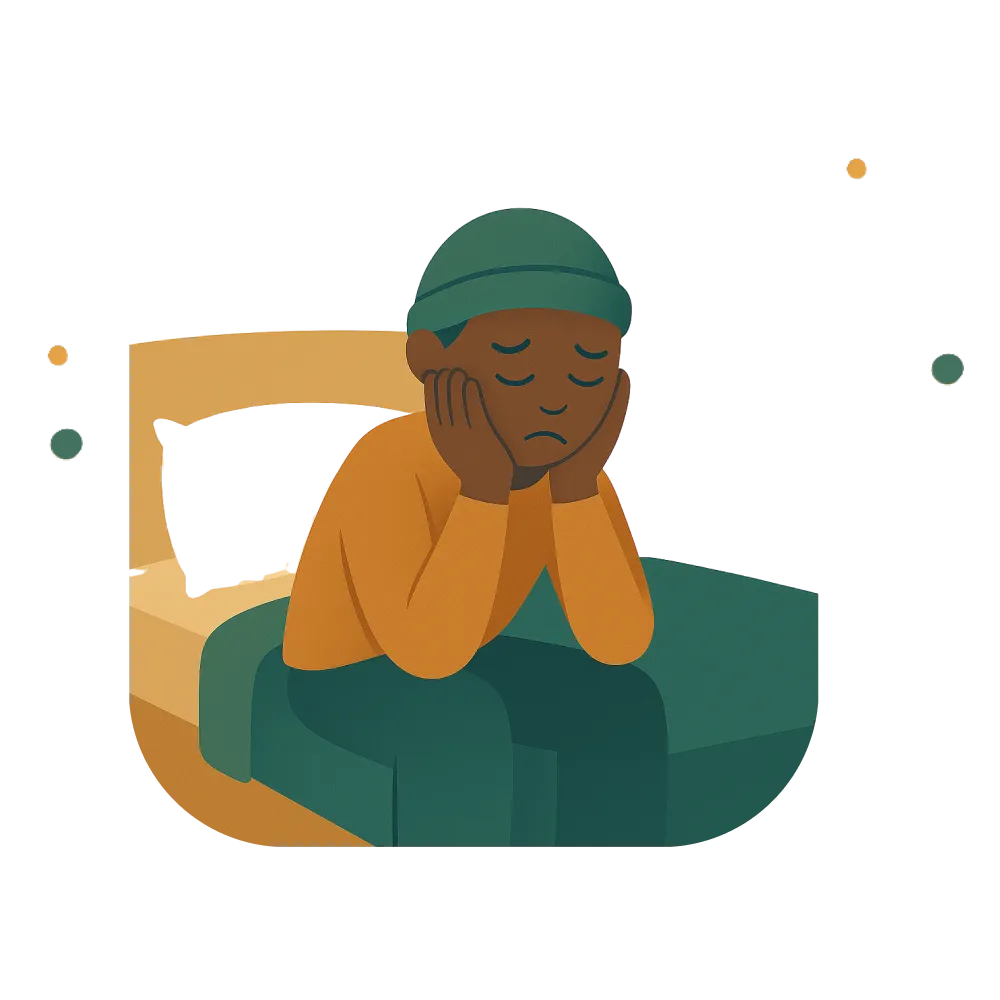 Illustration einer Person, die trotz langer Schlafzeit müde und ausgelaugt wirkt.