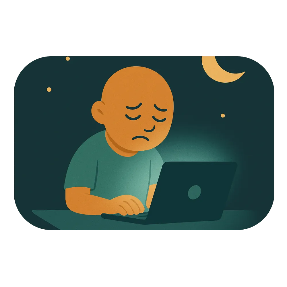 Illustration einer Person, die nachts am Schreibtisch über ihrem Laptop sitzt.