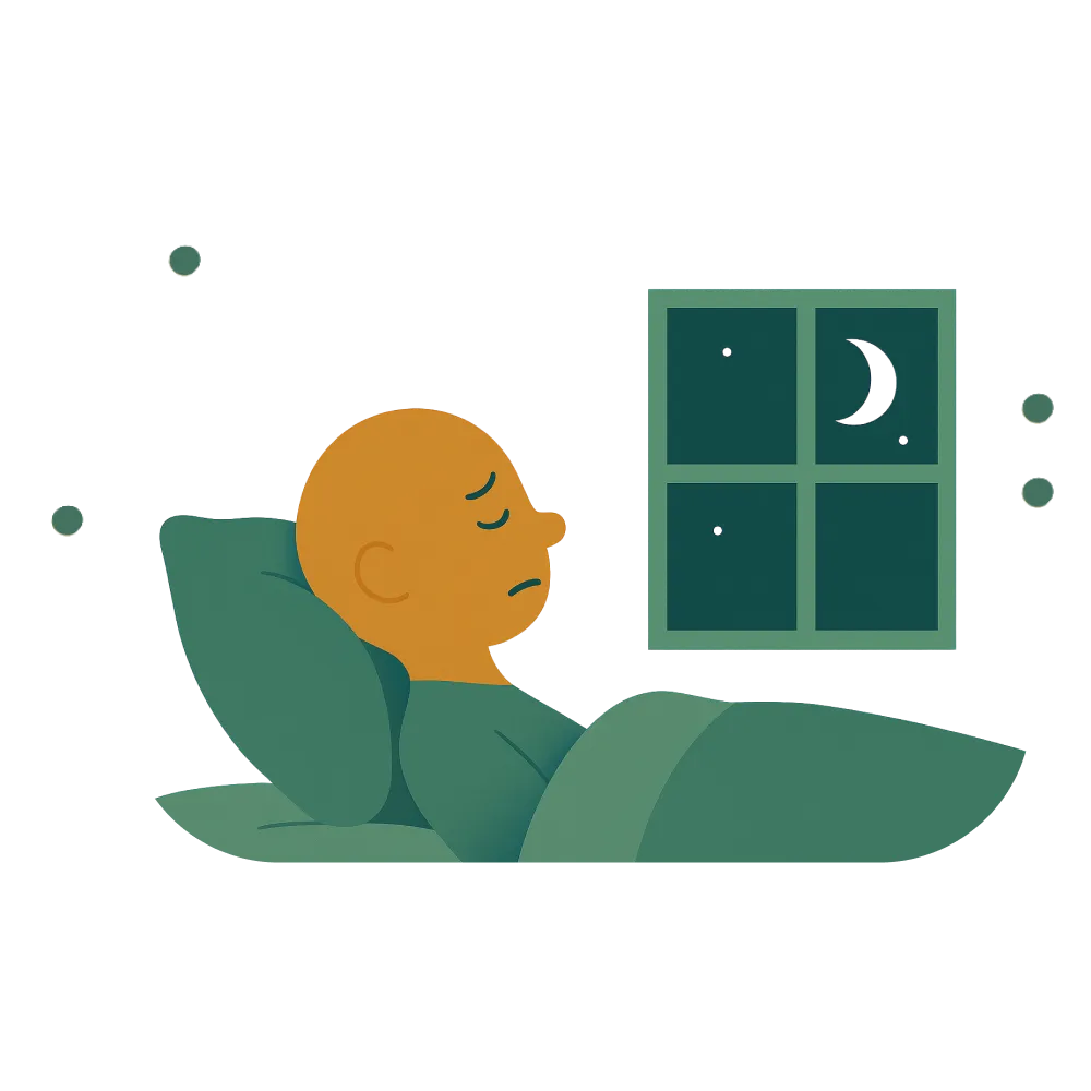 Illustration einer Person, die mitten in der Nacht wach liegt und nachdenkt.