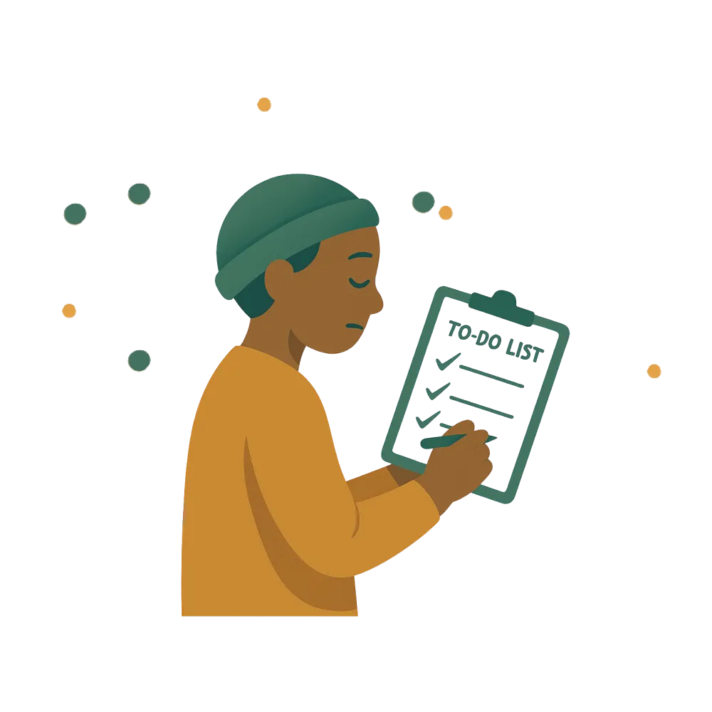 Illustration einer Person, die von überfüllten Aufgabenlisten überwältigt wird.