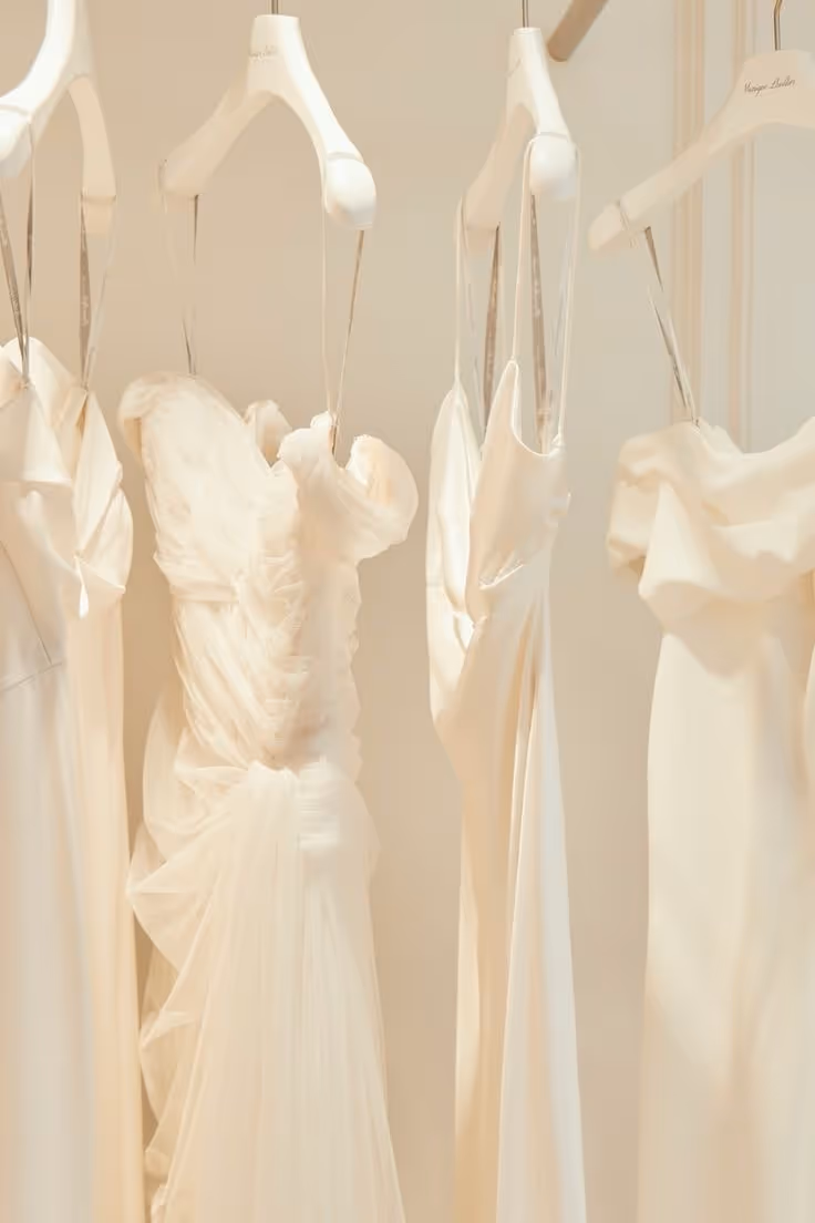 Wedding Dresses hanging in Even on a Rainy Day Bridal Boutique in North Wales
