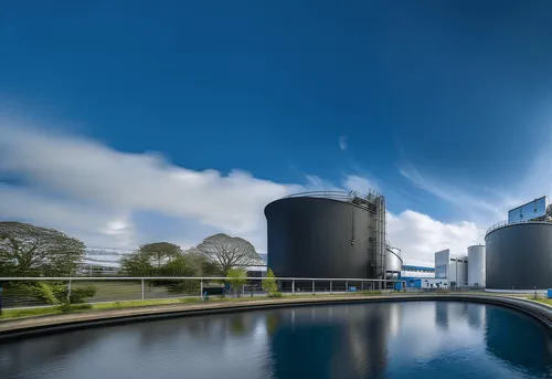 Industrial water treatment facility with large cylindrical storage tanks under a blue sky with scattered clouds.