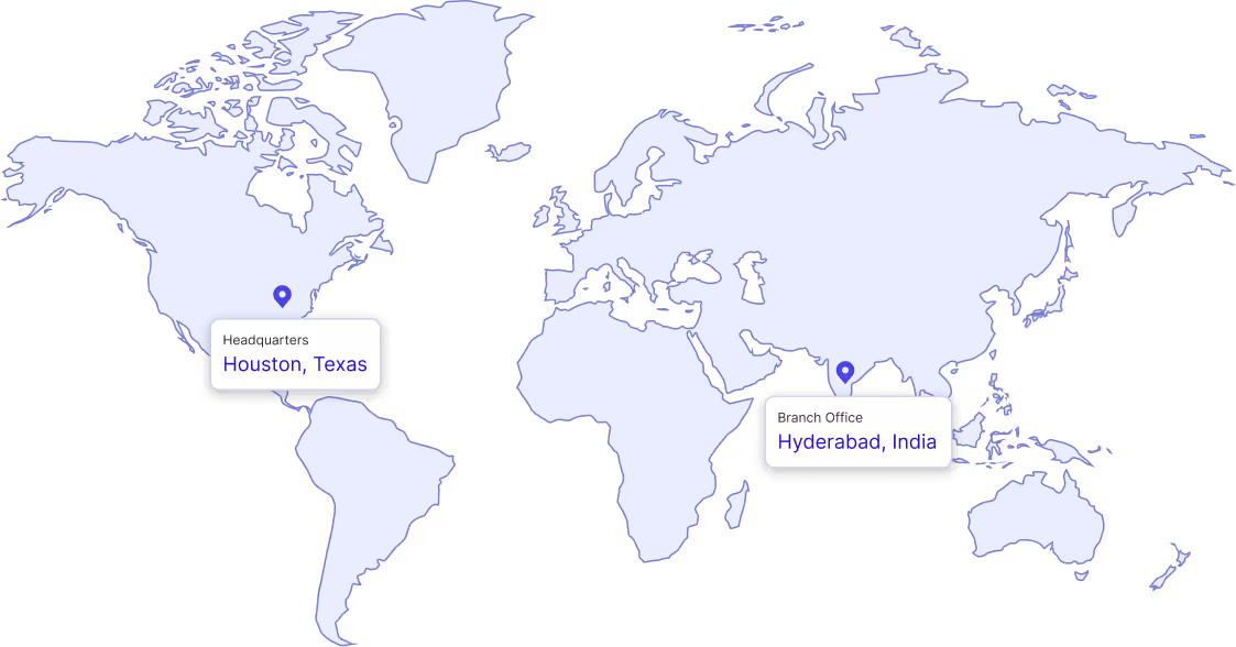 World map highlighting Headquarters in Houston, Texas, and Branch Office in Hyderabad, India.