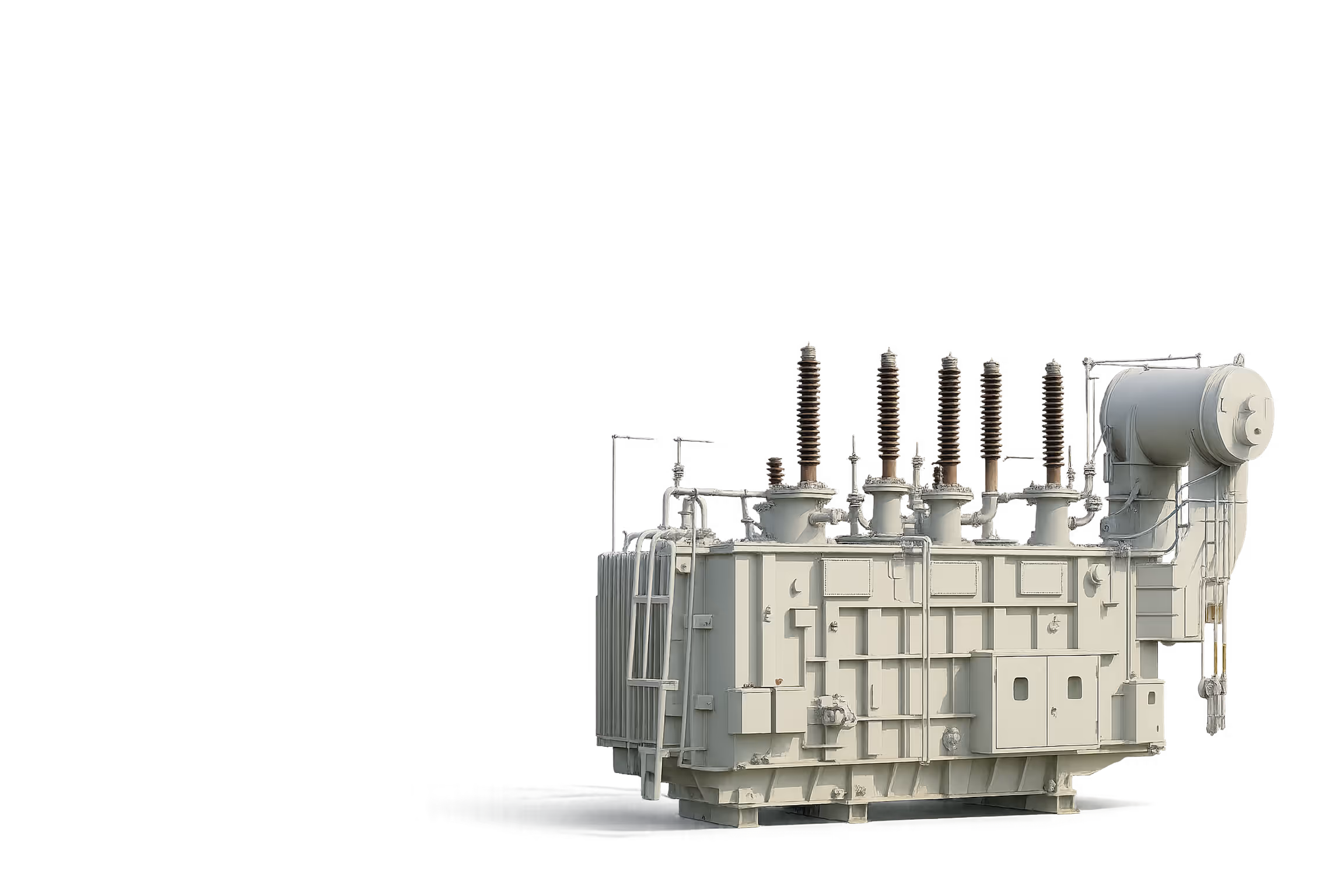 Large industrial electrical power transformer with insulators and cooling fins on a white background.