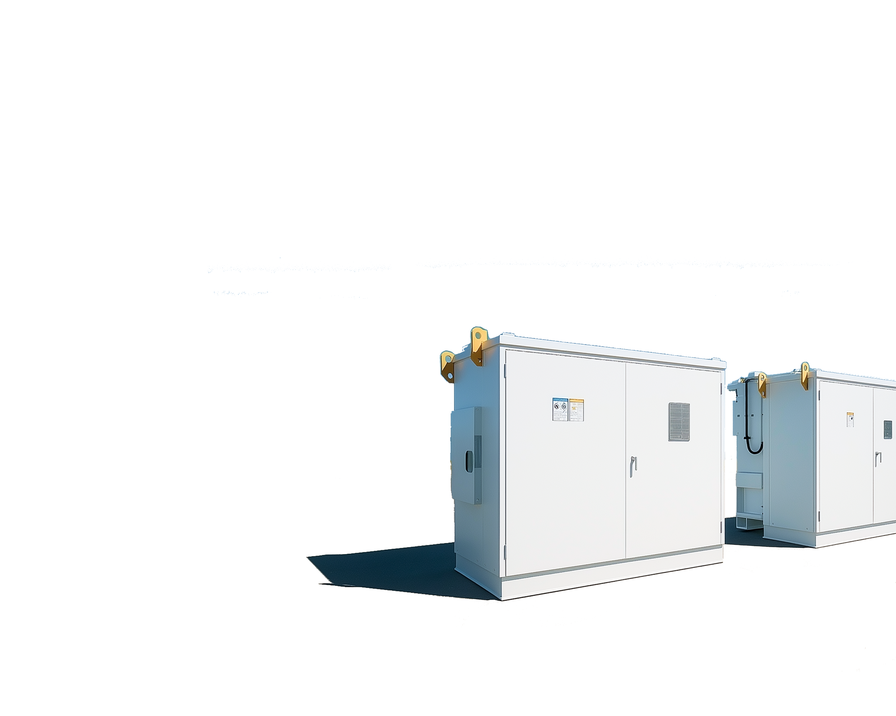 Two white outdoor electrical distribution transformer units with warning labels and lifting hooks.