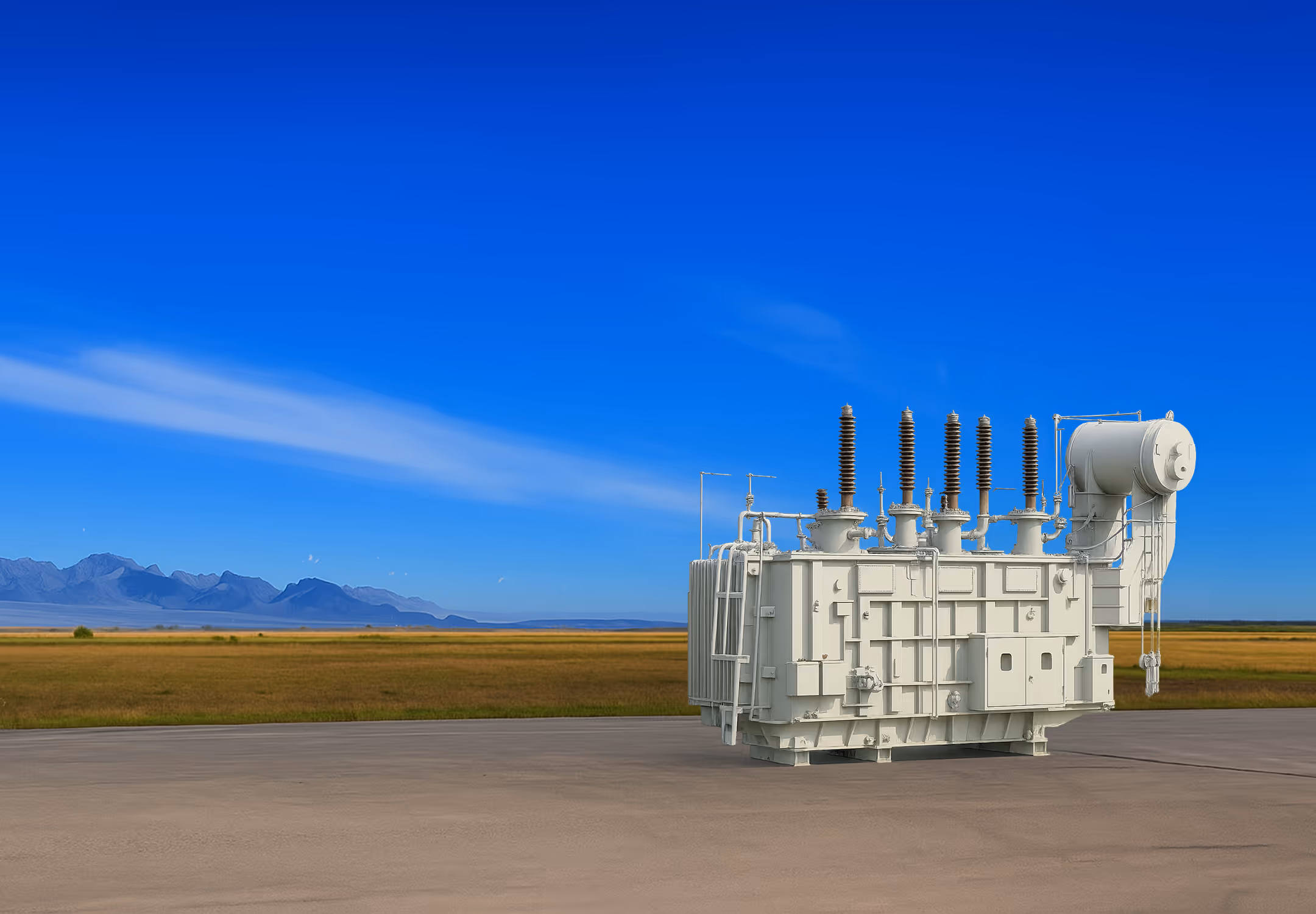 Large industrial power transformer standing on a concrete surface with mountains and blue sky in the background.