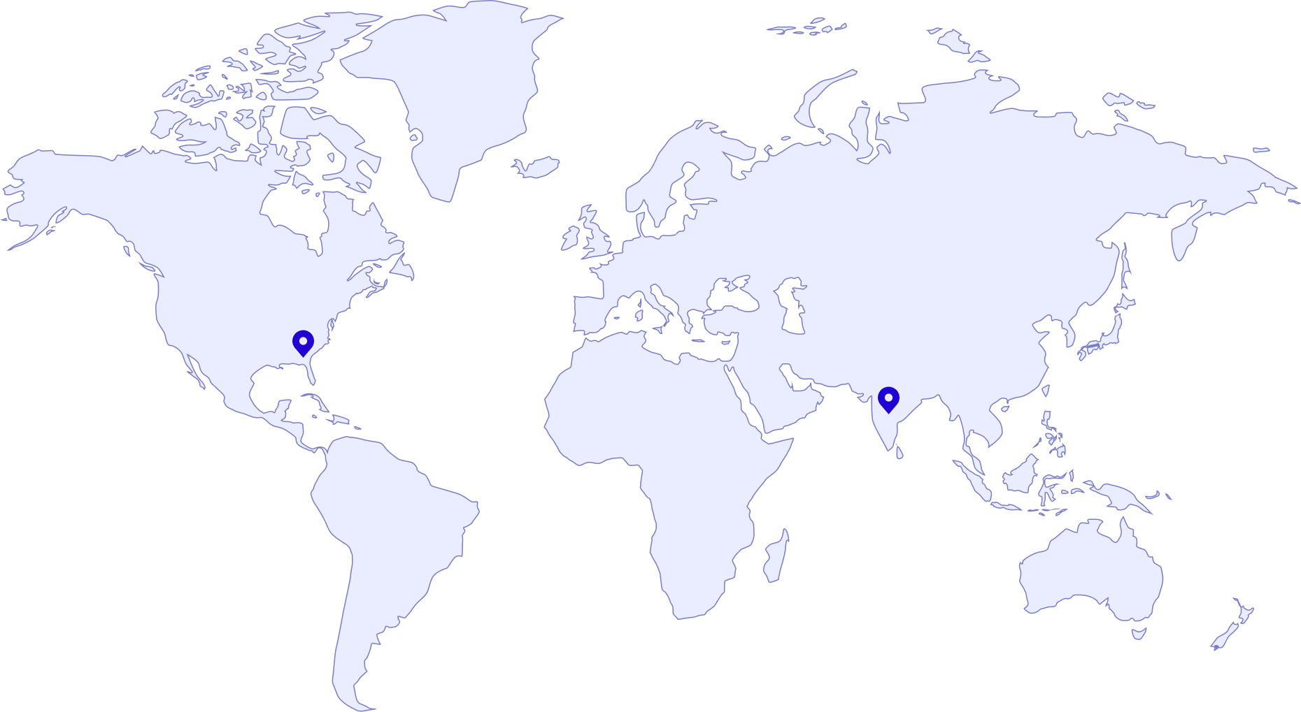 World map in light blue with two dark blue location markers, one in central United States and one in northern India.