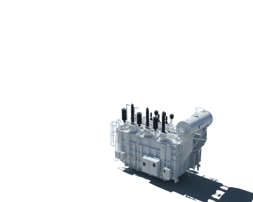 Industrial special power transformer with cooling cylinders and electrical insulators on top.