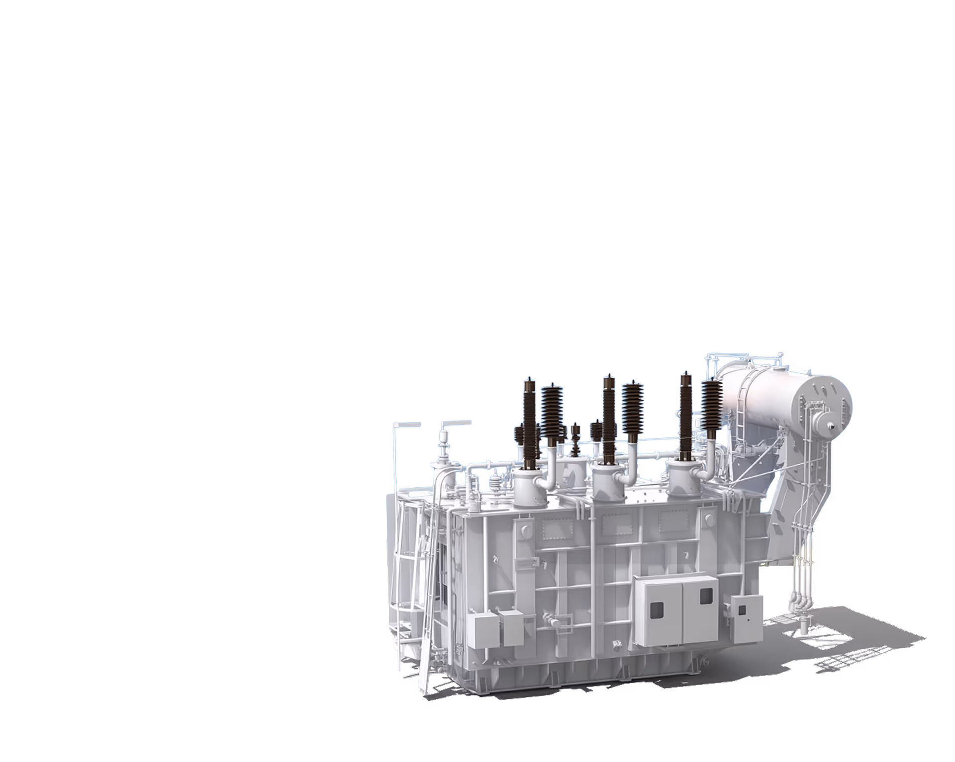 Industrial electrical power transformer with bushings and cooling system on black background.