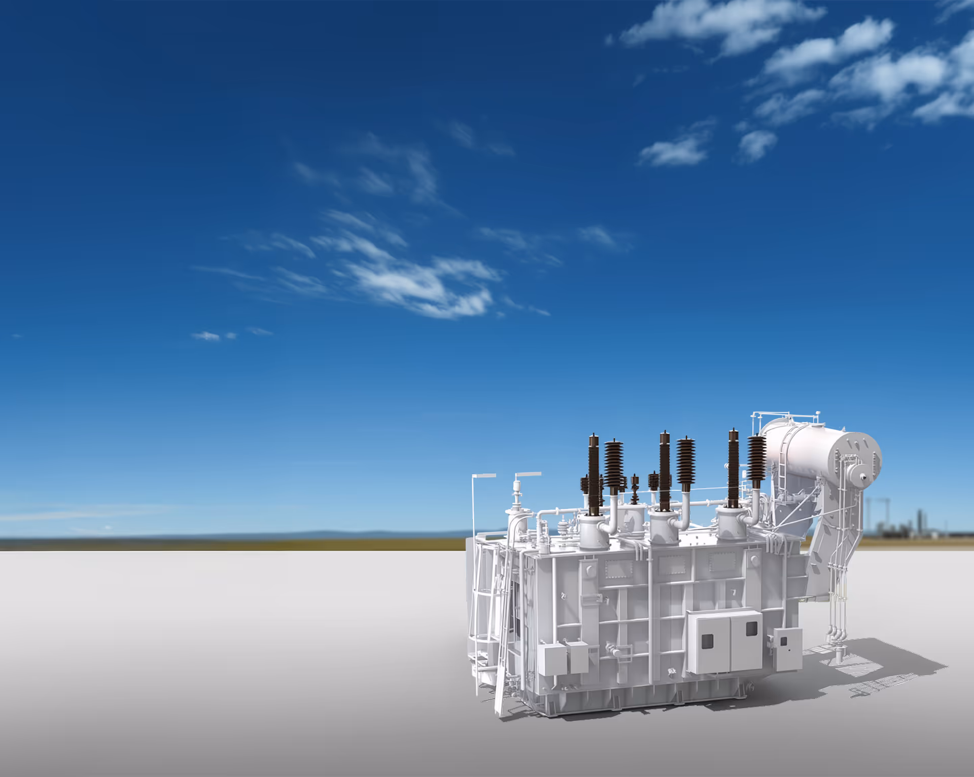 Large industrial power transformer with bushings and cooling equipment under a blue sky with scattered clouds.