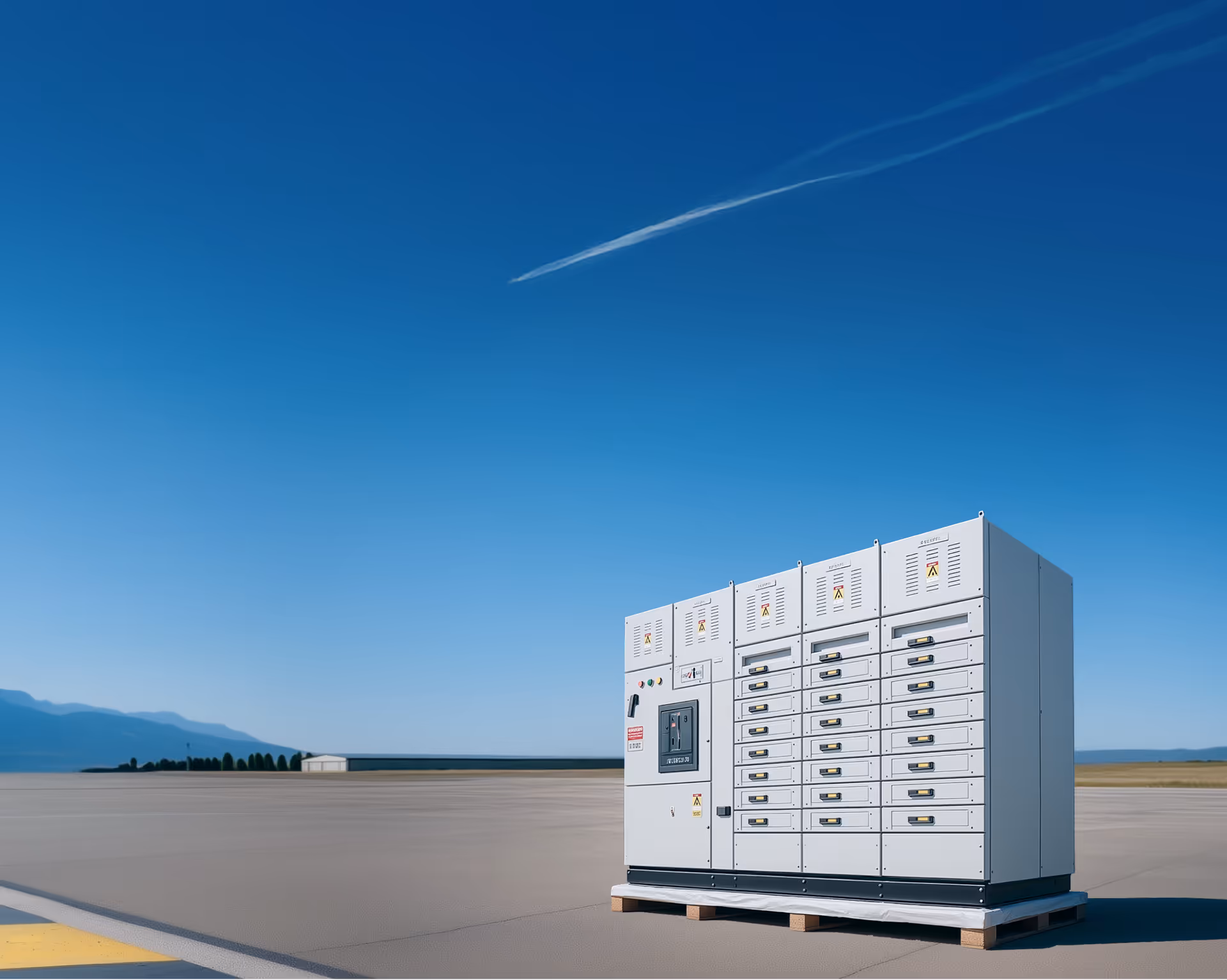 Medium voltage electrical switchgear cabinet standing on a wooden pallet outdoors under a blue sky.