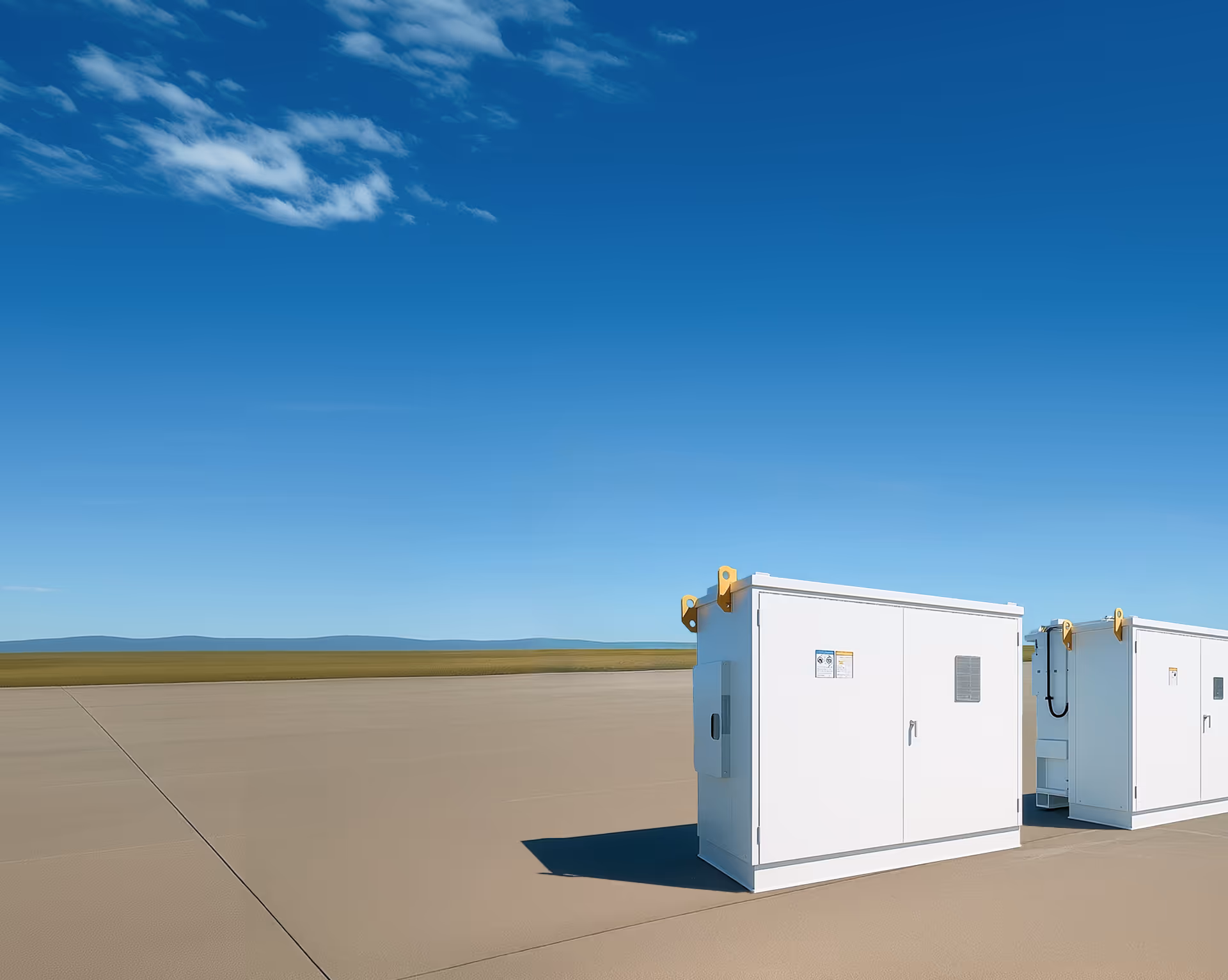Two white outdoor distribution transformer cabinets on a concrete surface under a clear blue sky.
