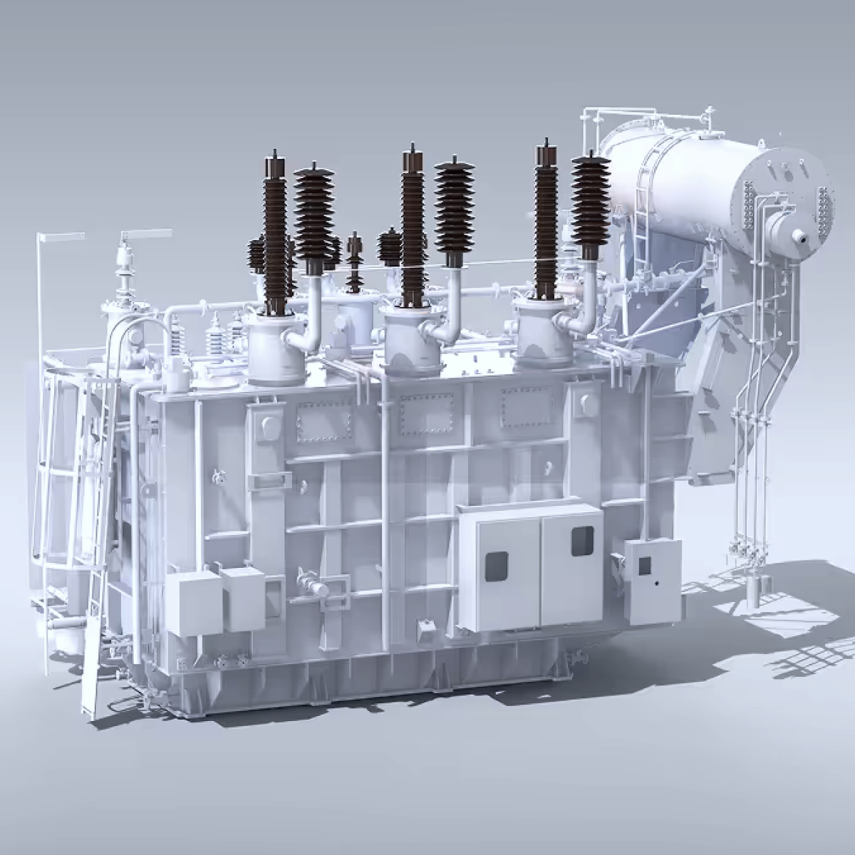 Industrial electrical substation distribution transformer with bushings and cooling tank on a grey background.