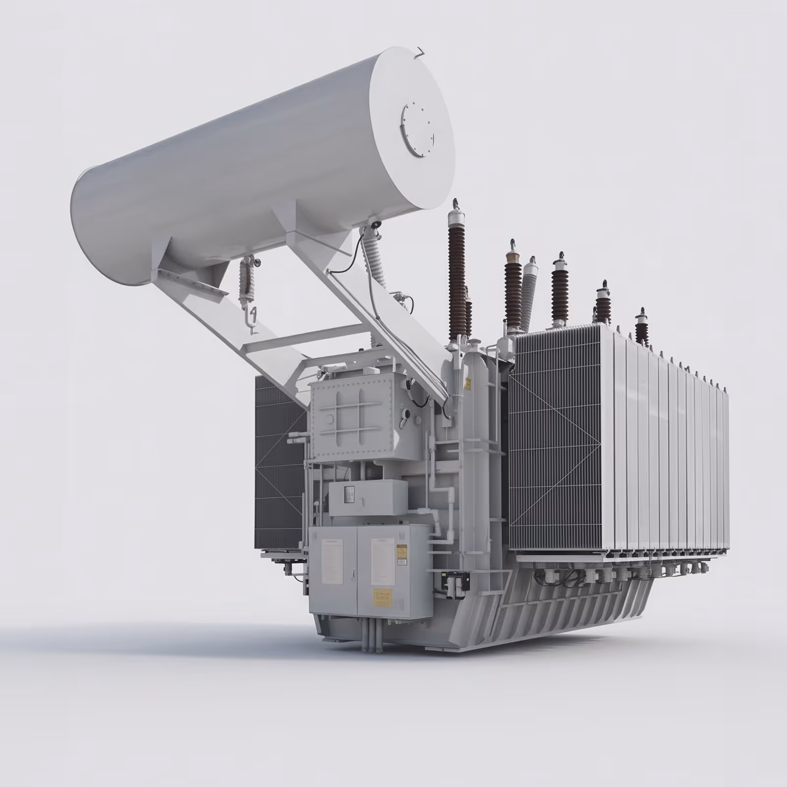 Industrial electrical transformer with cooling fins and high-voltage bushings isolated on white background.