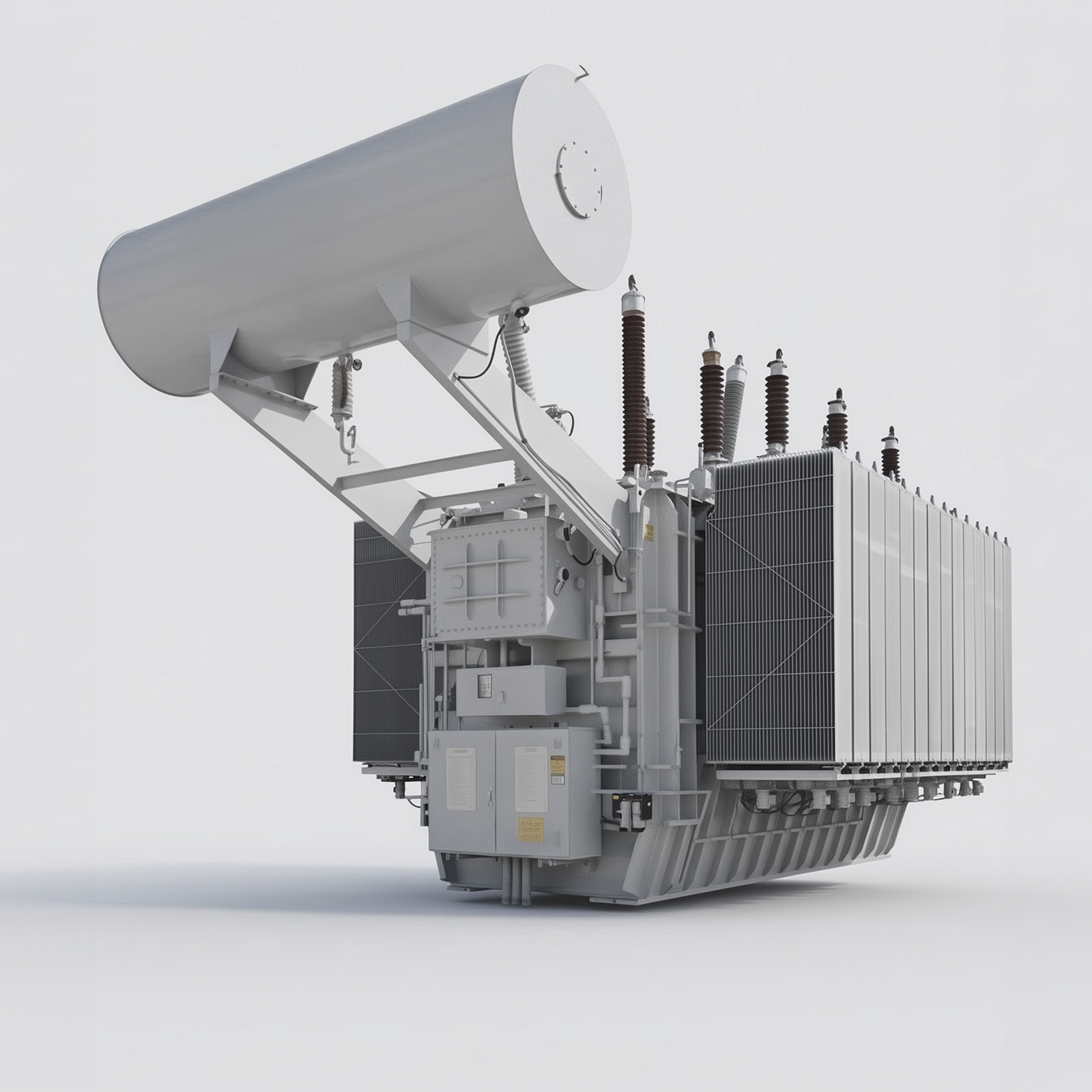 Industrial electrical transformer with cooling fins and high-voltage bushings isolated on white background.