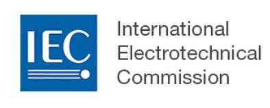 Logo of the International Electrotechnical Commission with white IEC letters and lines inside a blue square to the left of the text.