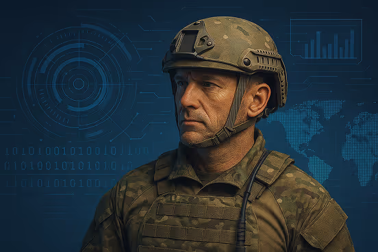 Soldier in digital camouflage with helmet, military portrait style.