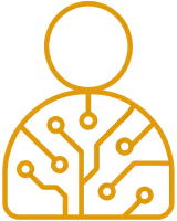 Person outline with circuits, symbolizing human–tech integration.